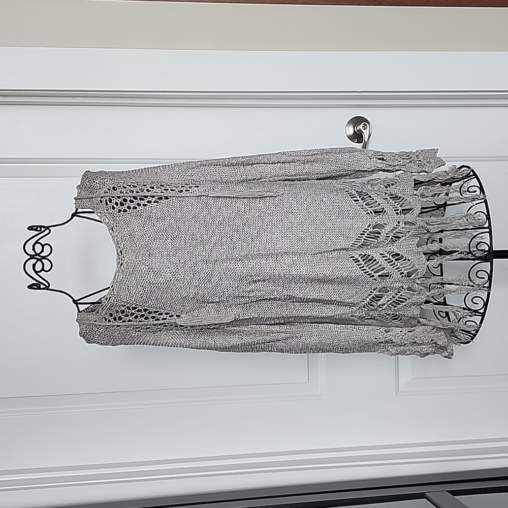 Venus knit sweater. Taupe/gray color. Crochet detail on bottom and sleeves.